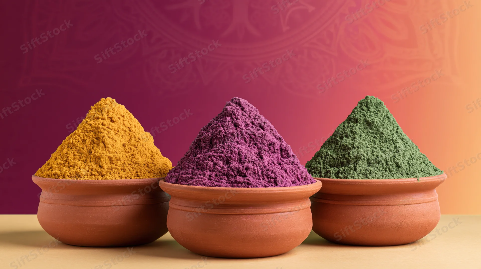 Three clay bowls filled with colorful powders arranged in a row on a table against a patterned background