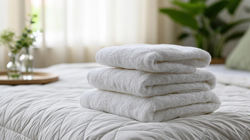 Three white cotton towels neatly stacked on a made bed in a bright bedroom