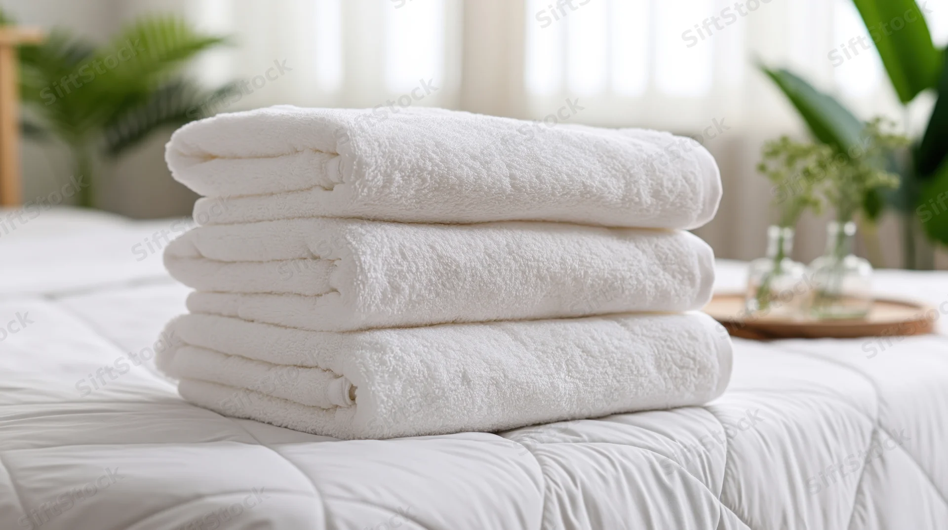Three white cotton towels neatly stacked on a made bed in a bright bedroom