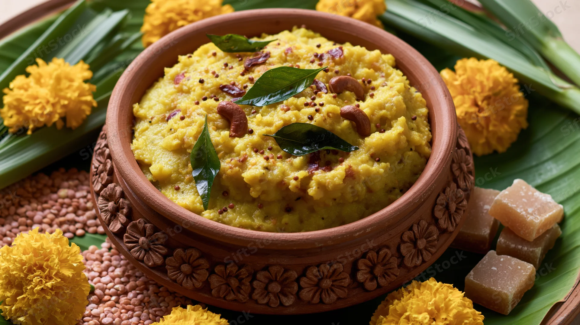 Sweet pongal in a carved terracotta bowl garnished with curry leaves and cashews on banana leaf with marigolds and jaggery cubes