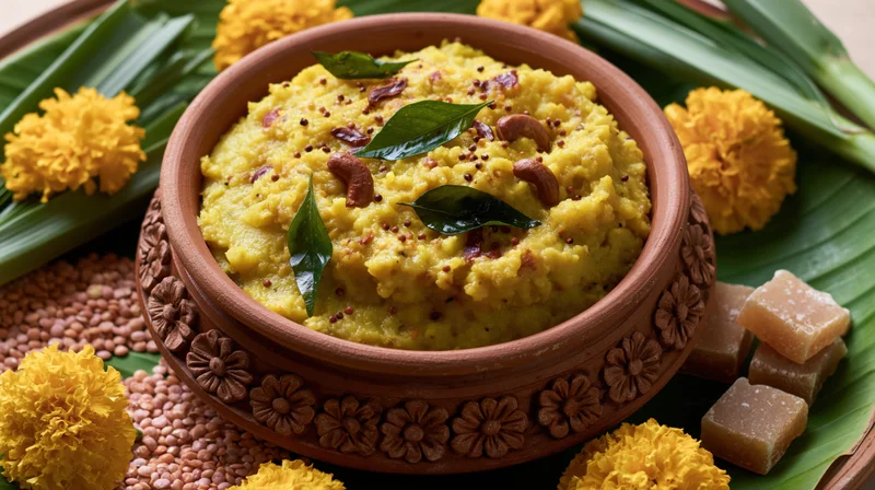 Sweet pongal in a carved terracotta bowl garnished with curry leaves and cashews on banana leaf with marigolds and jaggery cubes