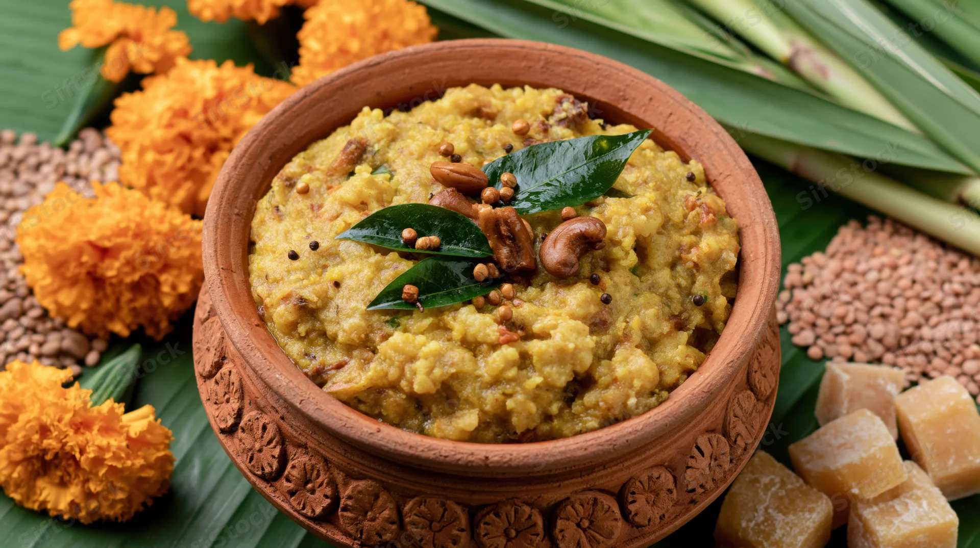 Sweet pongal in a carved terracotta bowl garnished with curry leaves and cashews on banana leaves with marigolds and jaggery cubes