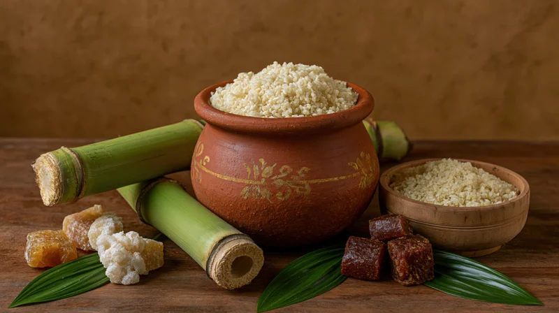 Clay pot filled with rice surrounded by bamboo and sugar on wooden surface