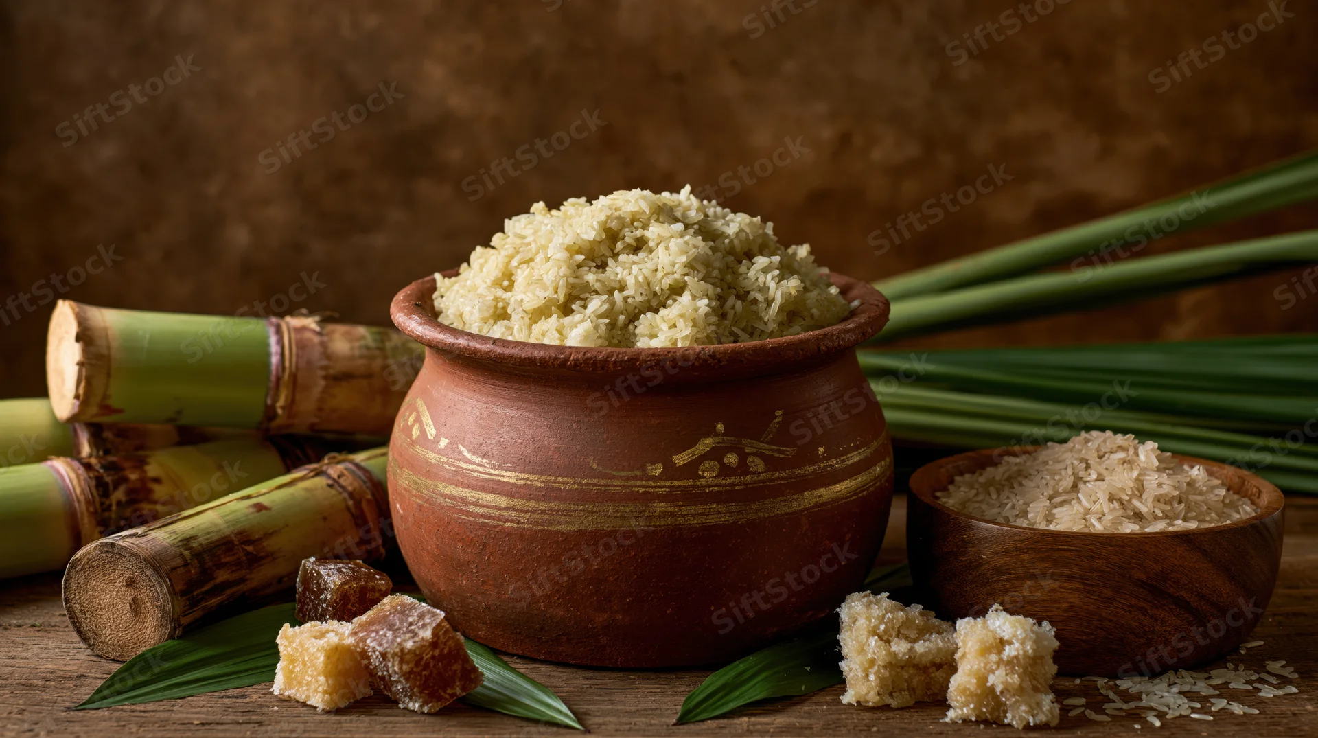 Clay pot filled with uncooked rice surrounded by bamboo and leaves on wooden surface