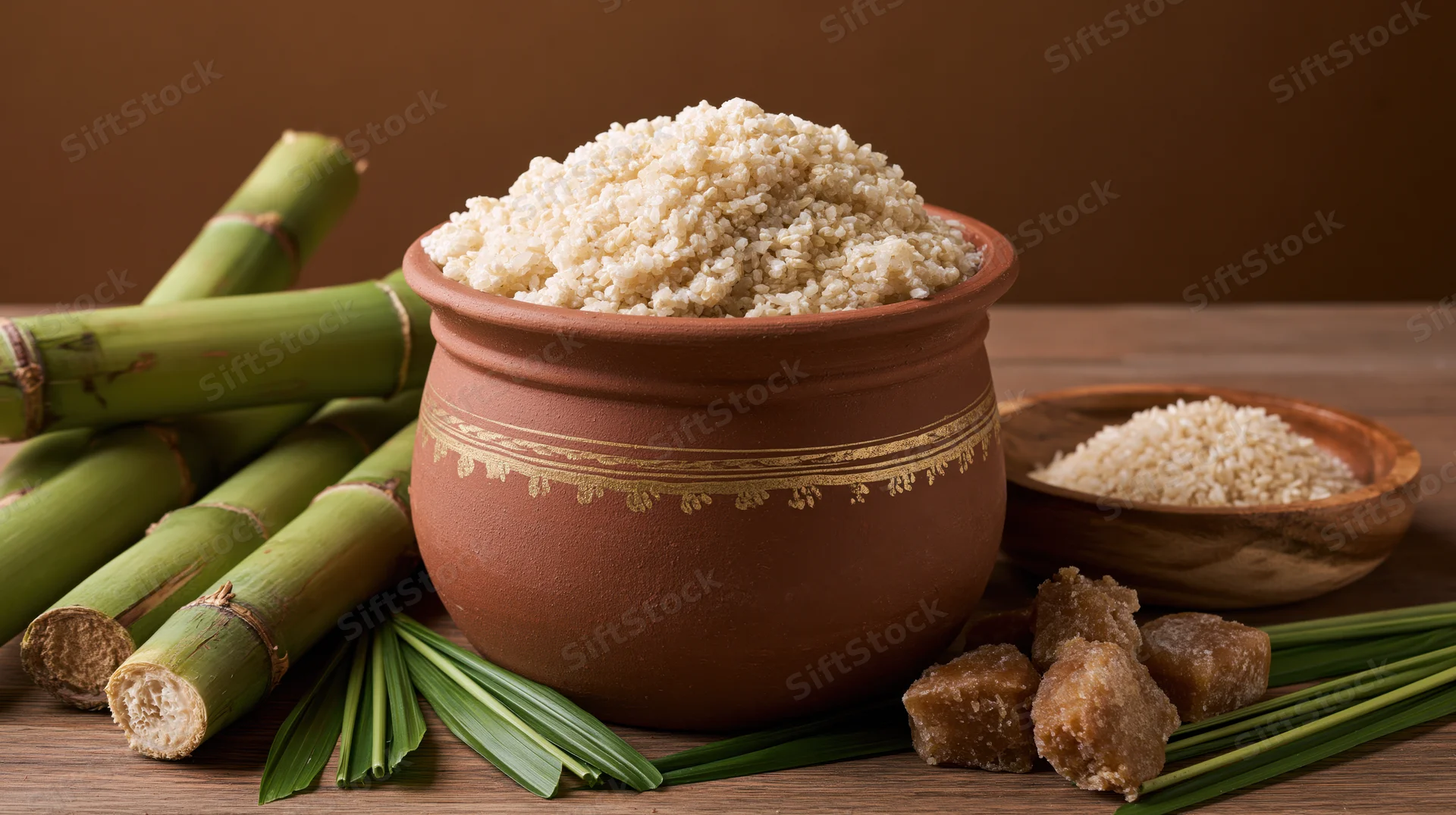 Traditional clay pot filled with raw rice surrounded by fresh bamboo and green leaves on wooden surface