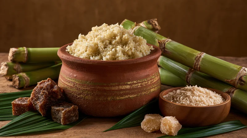 Clay pot filled with uncooked rice surrounded by sugarcane and jaggery on wooden table with banana leaves
