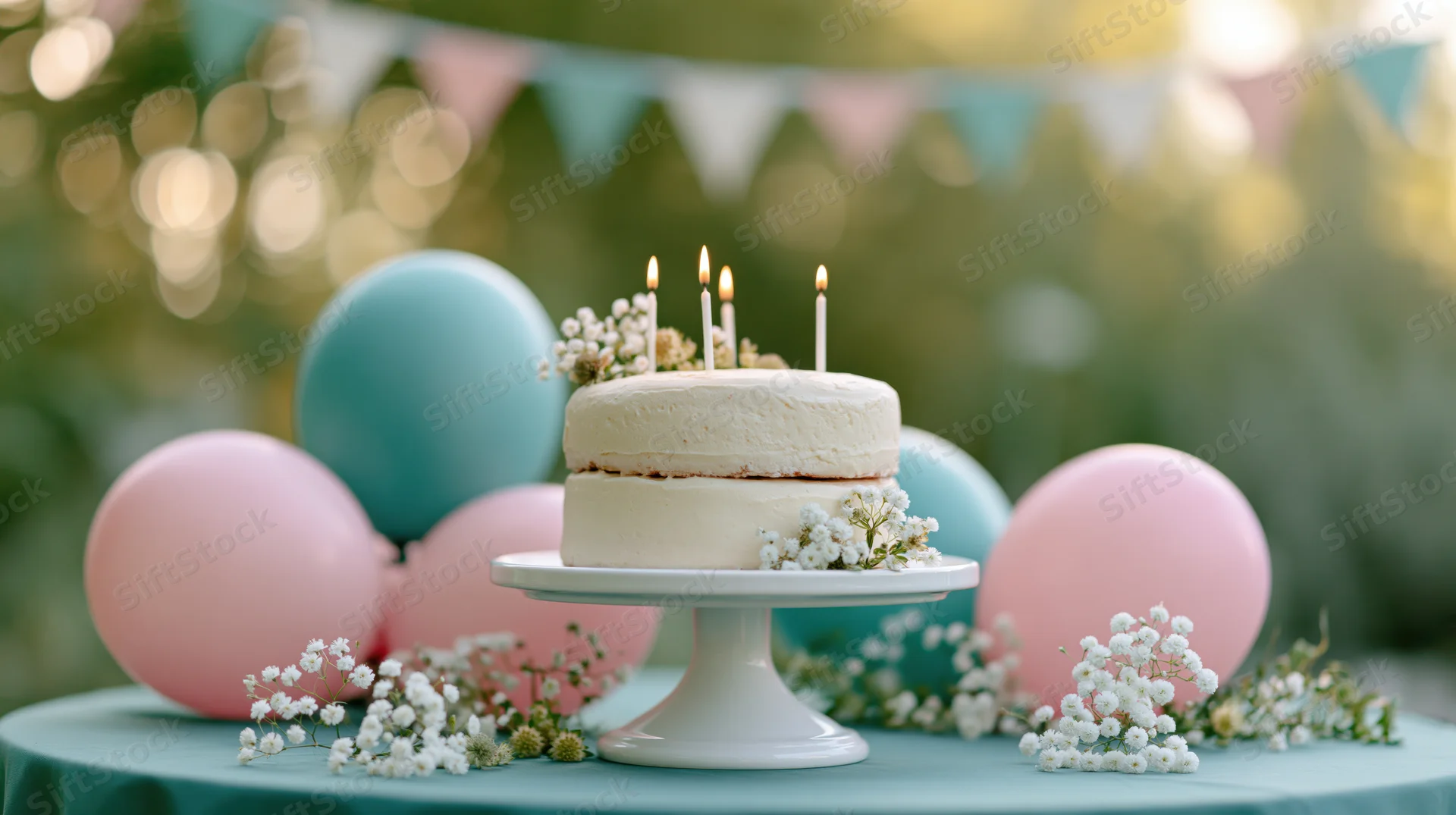 Two-tier birthday cake with lit candles on a white cake stand surrounded by balloons and flowers on a table outdoors
