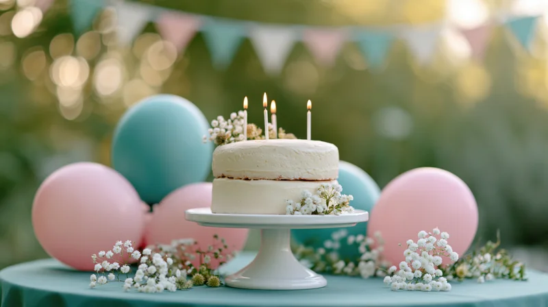 Two-tier birthday cake with lit candles on a white cake stand surrounded by balloons and flowers on a table outdoors