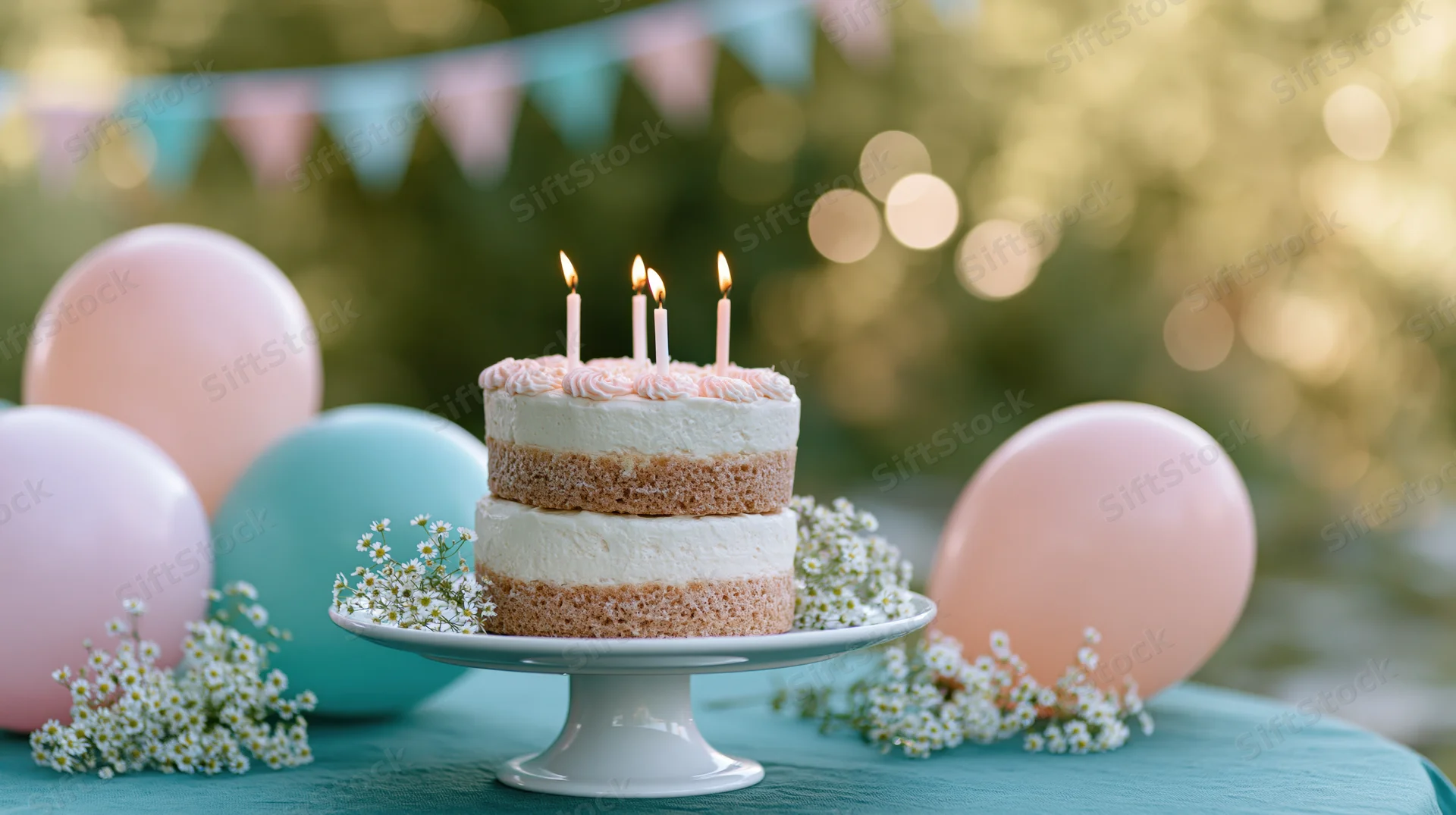 Two-tier birthday cake with lit candles on a white cake stand surrounded by balloons and flowers on a table outdoors