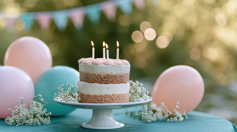 Two-tier birthday cake with lit candles on a white cake stand surrounded by balloons and flowers on a table outdoors