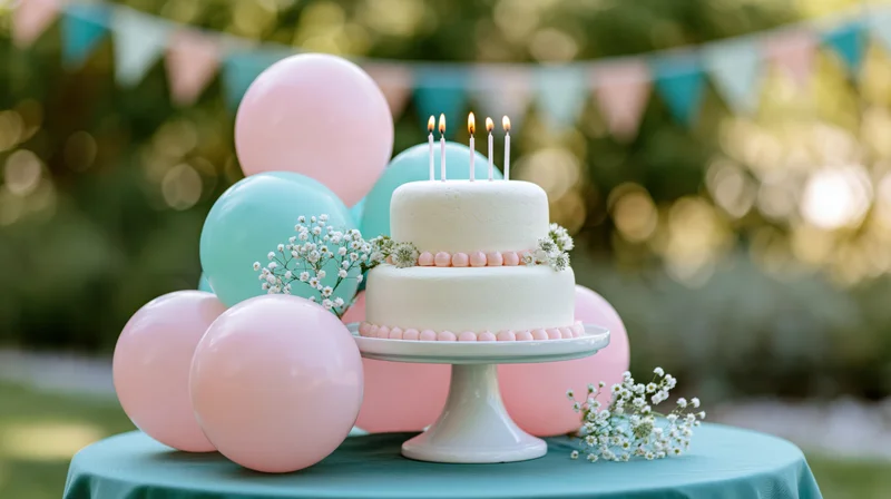 Two-tier white birthday cake with lit candles on a stand surrounded by pink and teal balloons and baby's breath on a table outdoors