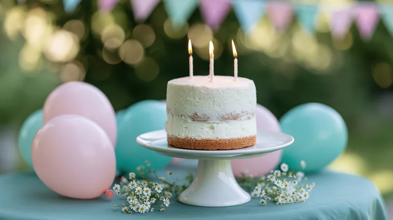 Two-tier birthday cake with lit candles on a white cake stand surrounded by balloons and flowers on a table outdoors