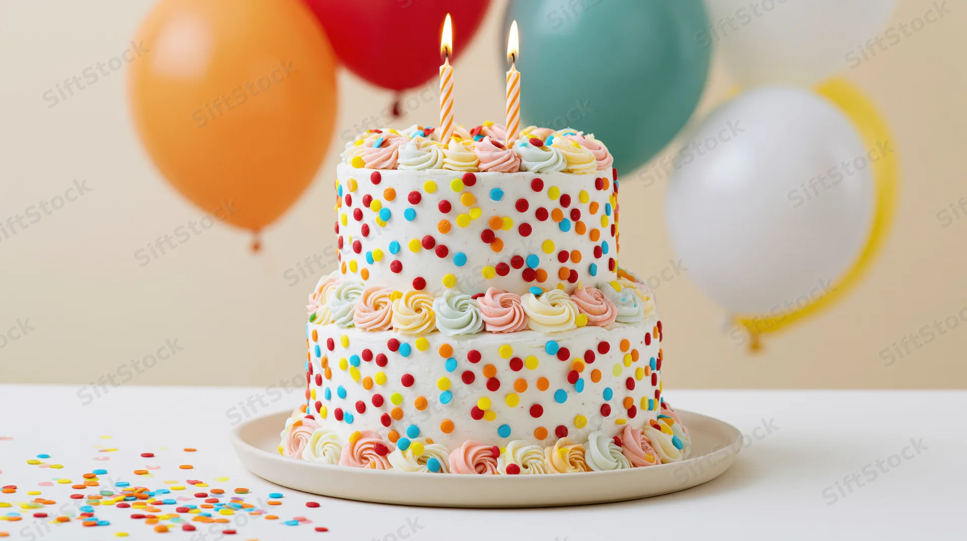 Two-tier white birthday cake with colorful sprinkles and lit candles on a table with balloons and confetti in the background
