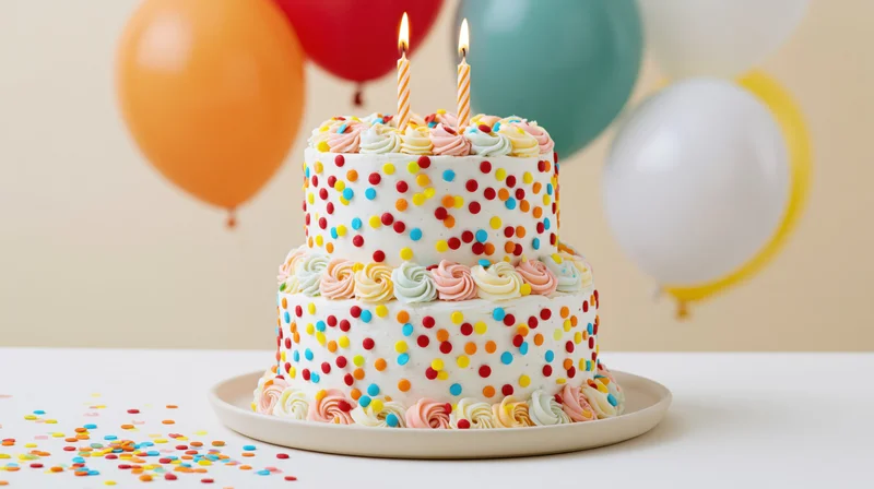 Two-tier white birthday cake with colorful sprinkles and lit candles on a table with balloons and confetti in the background