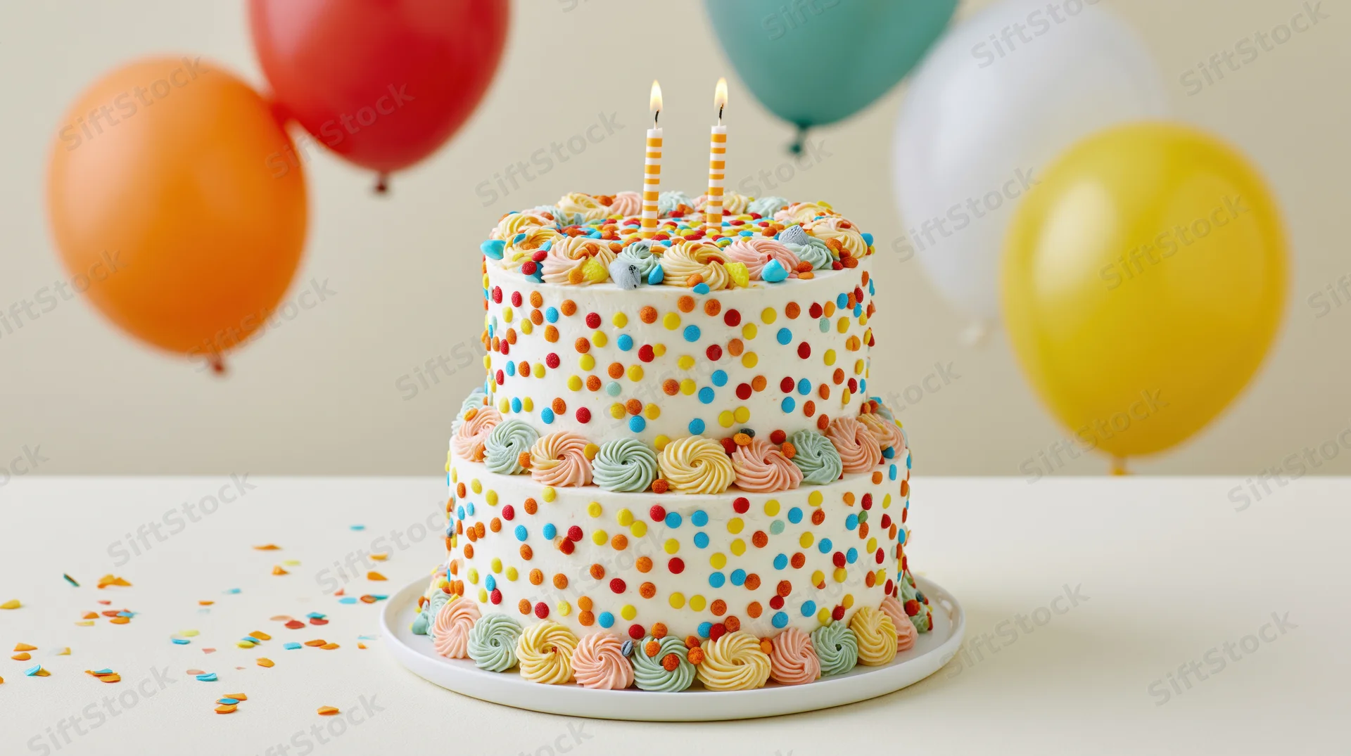 Two-tier white birthday cake with colorful polka dots and candles on a table with balloons and confetti