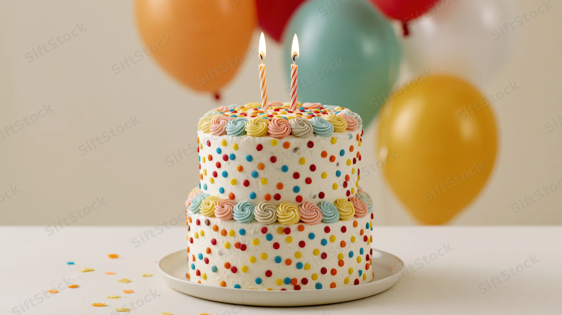 Two-tier white birthday cake with colorful polka dots and lit candles on a table with balloons in the background