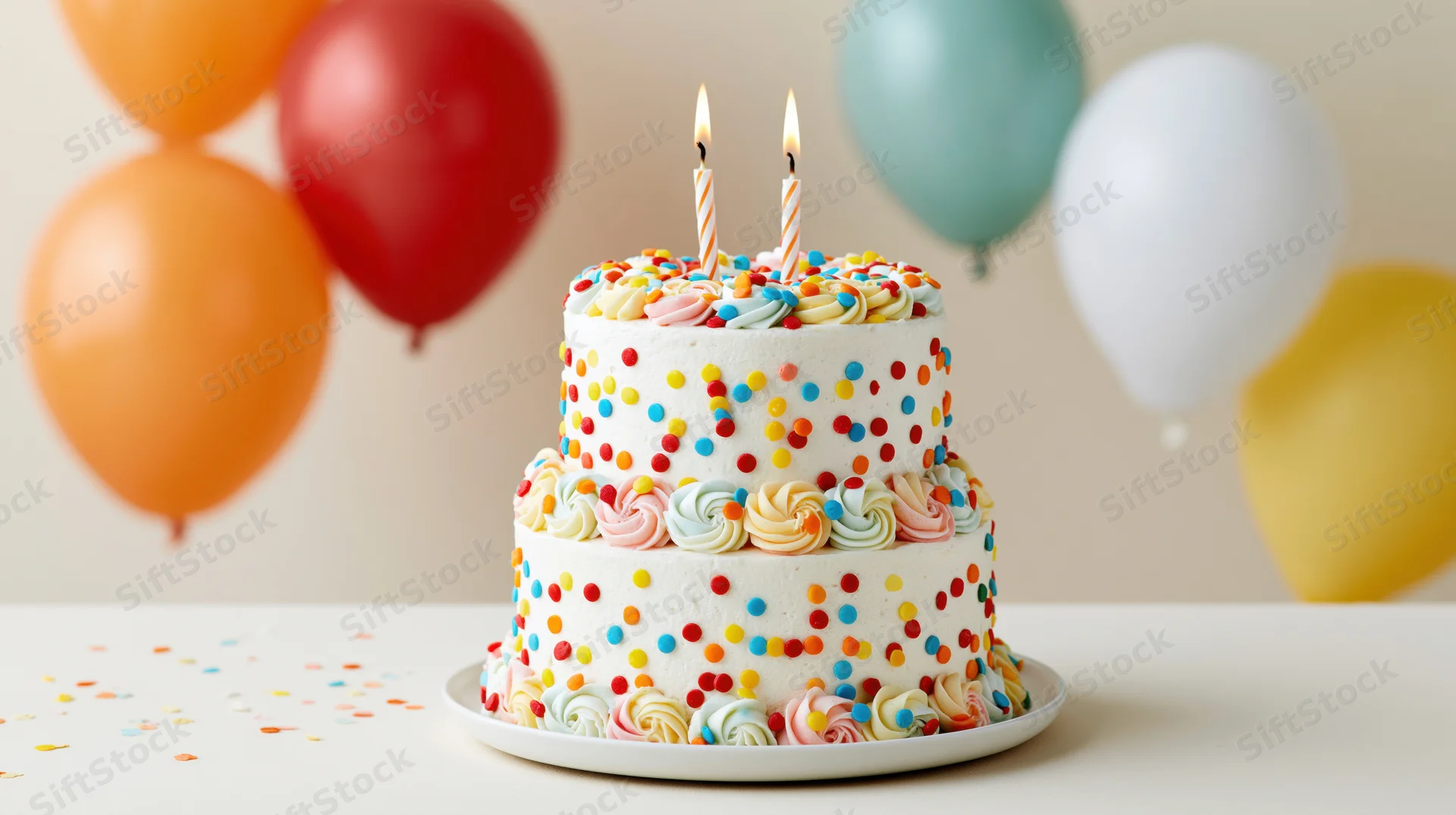 Two-tier white birthday cake with colorful sprinkles and lit candles on a table surrounded by balloons