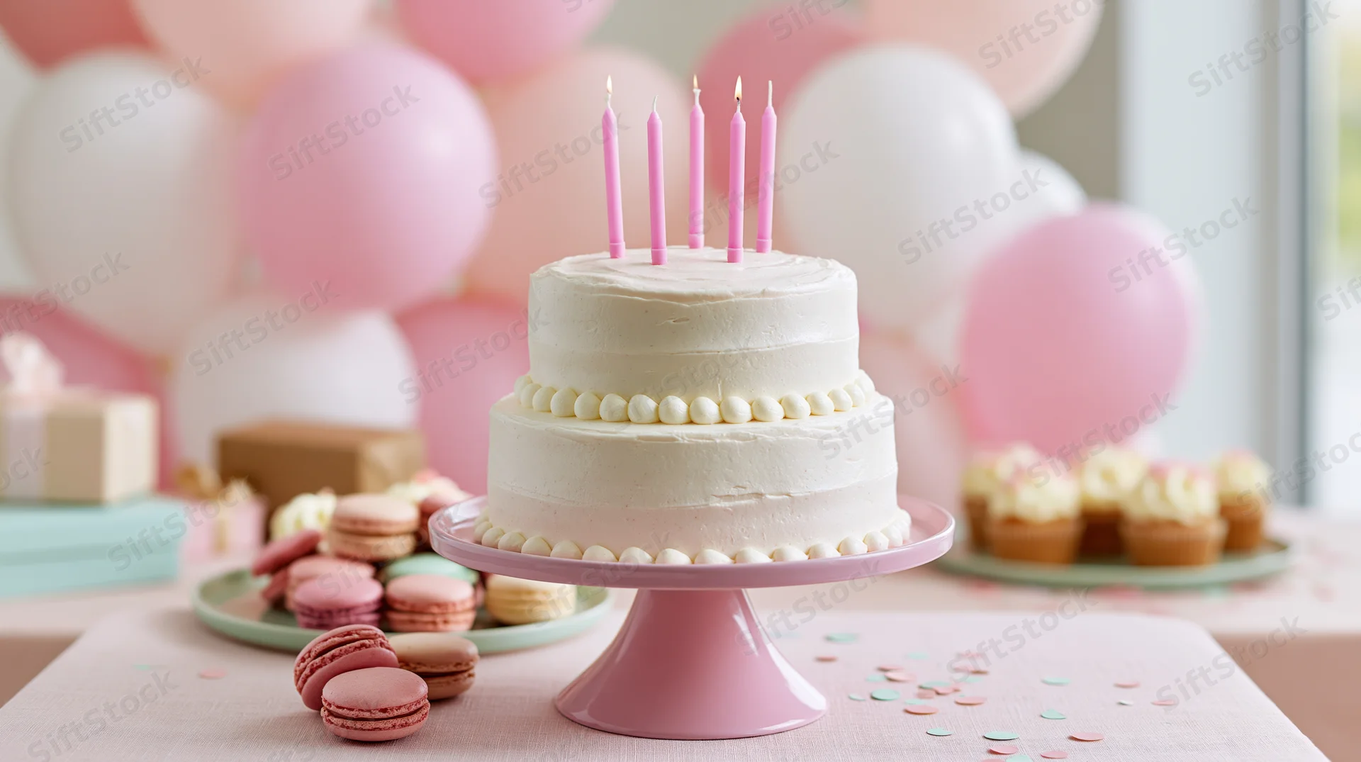 Two-tier white frosted birthday cake with pink candles on a pink cake stand surrounded by balloons and party treats