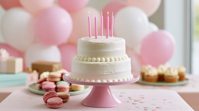 Two-tier white frosted birthday cake with pink candles on a pink cake stand surrounded by balloons and party treats