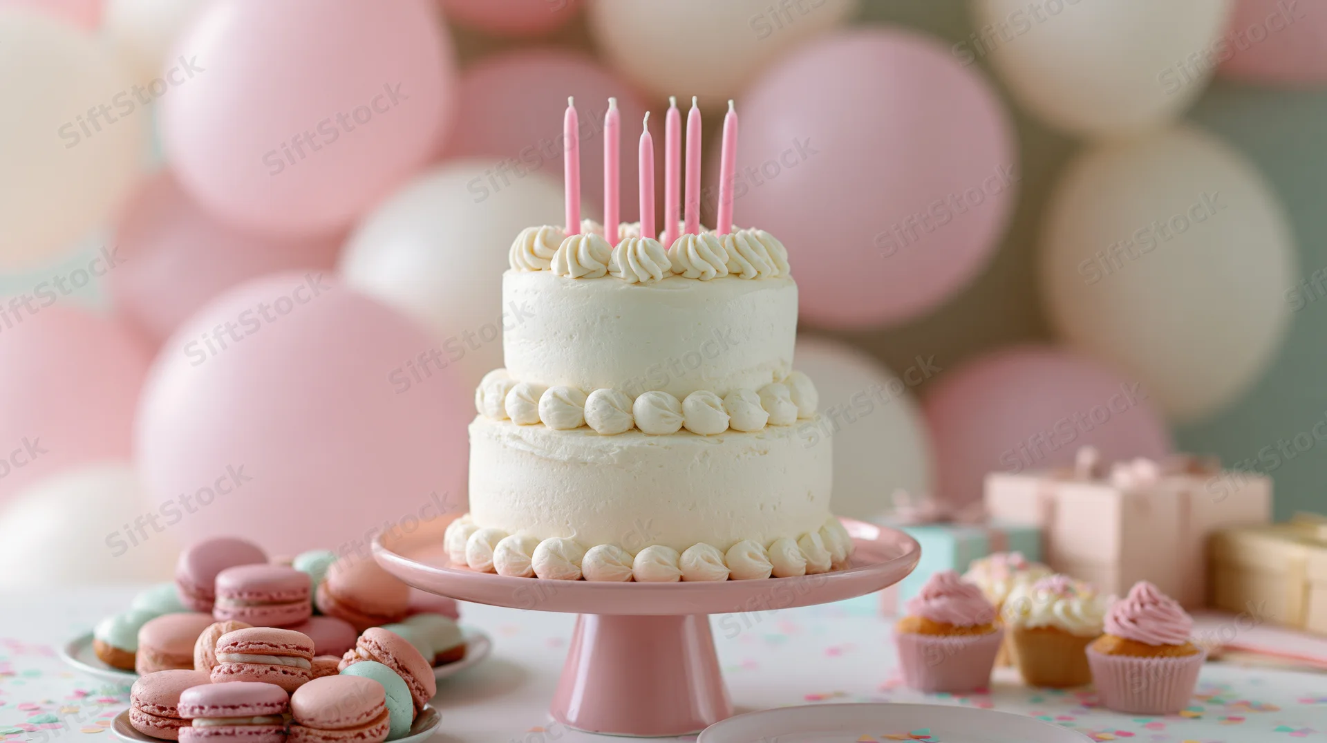 Two-tier white frosted birthday cake with pink candles on a pink cake stand surrounded by macarons, cupcakes, gifts and balloons