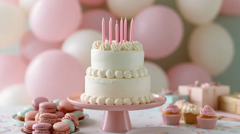Two-tier white frosted birthday cake with pink candles on a pink cake stand surrounded by macarons, cupcakes, gifts and balloons