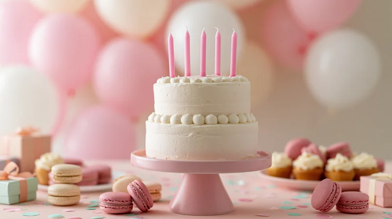Two-tier white frosted birthday cake with pink candles on a pink stand surrounded by macarons, balloons, and gifts
