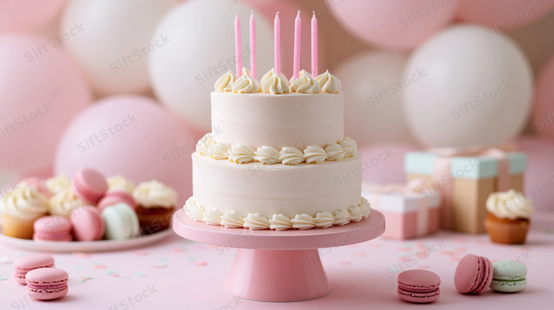Two-tier white frosted birthday cake with pink candles on a pink cake stand surrounded by macarons, cupcakes, gifts and balloons