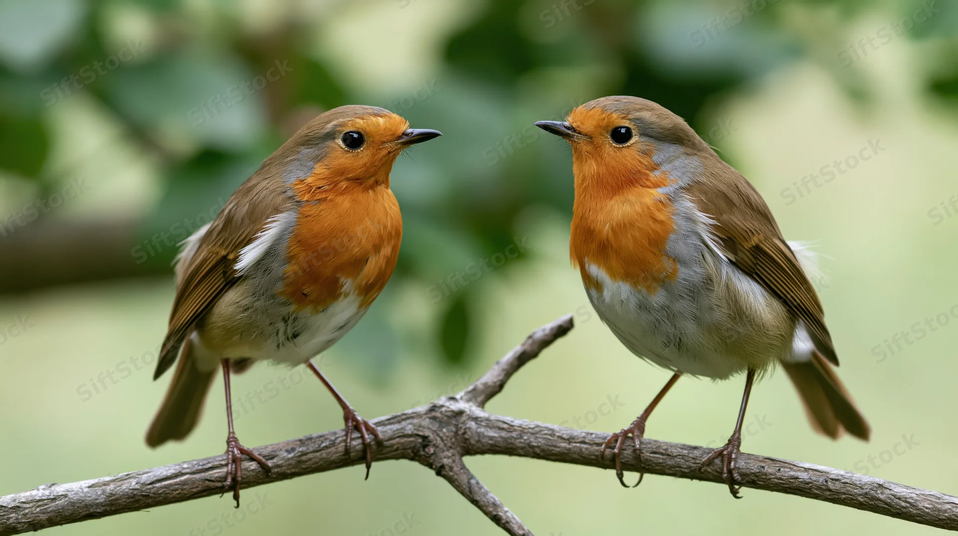 Two european robins perched on a bare forked branch facing each other in a green leafy background
