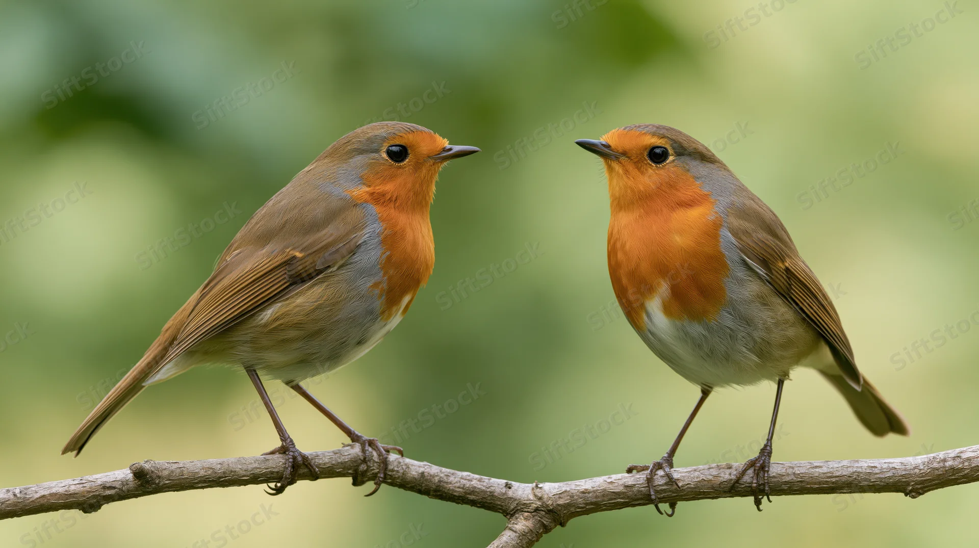 Two european robins perched on a bare forked branch facing each other in a natural setting