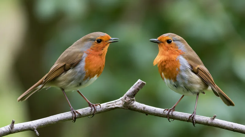 Two european robins perched on a bare forked branch facing each other in a forest setting