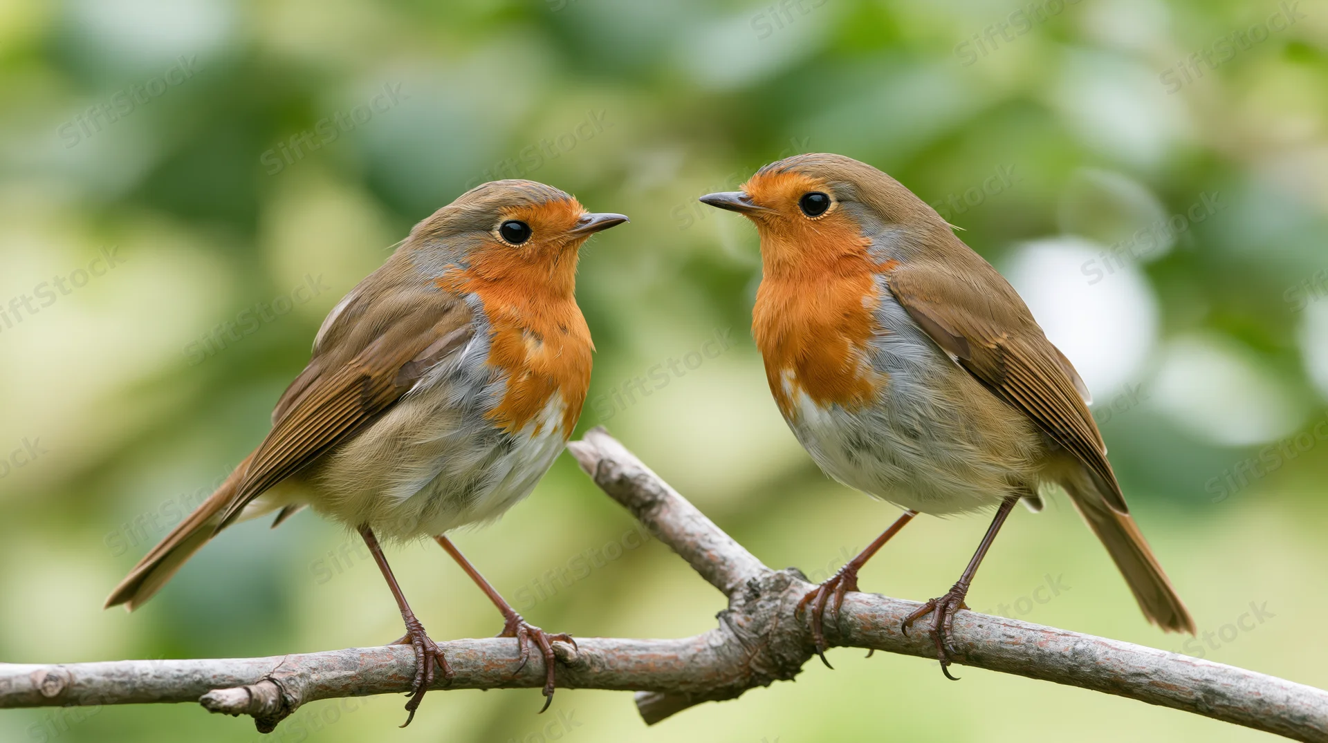 Two european robins perched on a bare forked branch facing each other in a green leafy background