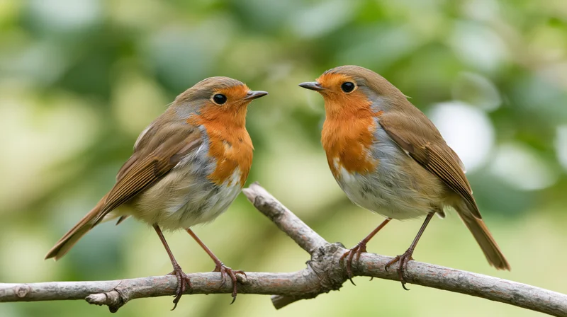 Two european robins perched on a bare forked branch facing each other in a green leafy background