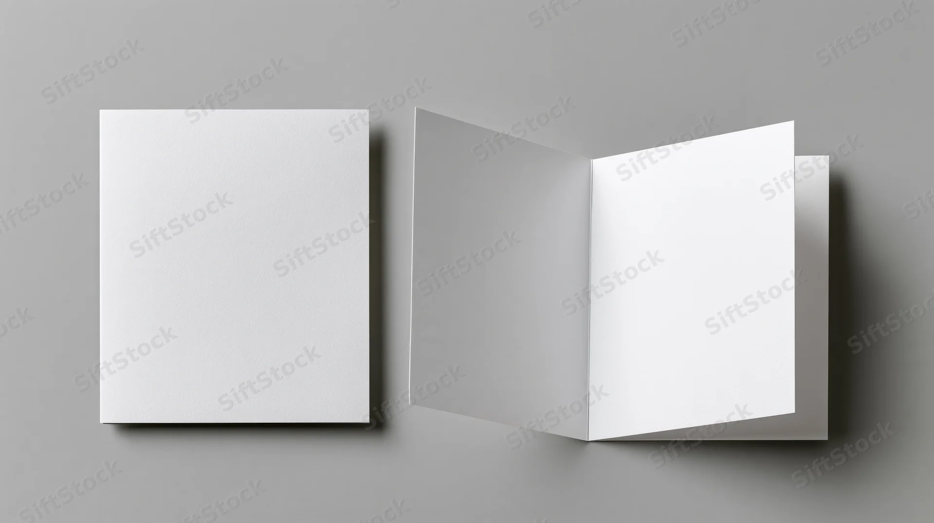 Two blank white square greeting cards, one folded and one open, on a neutral grey surface