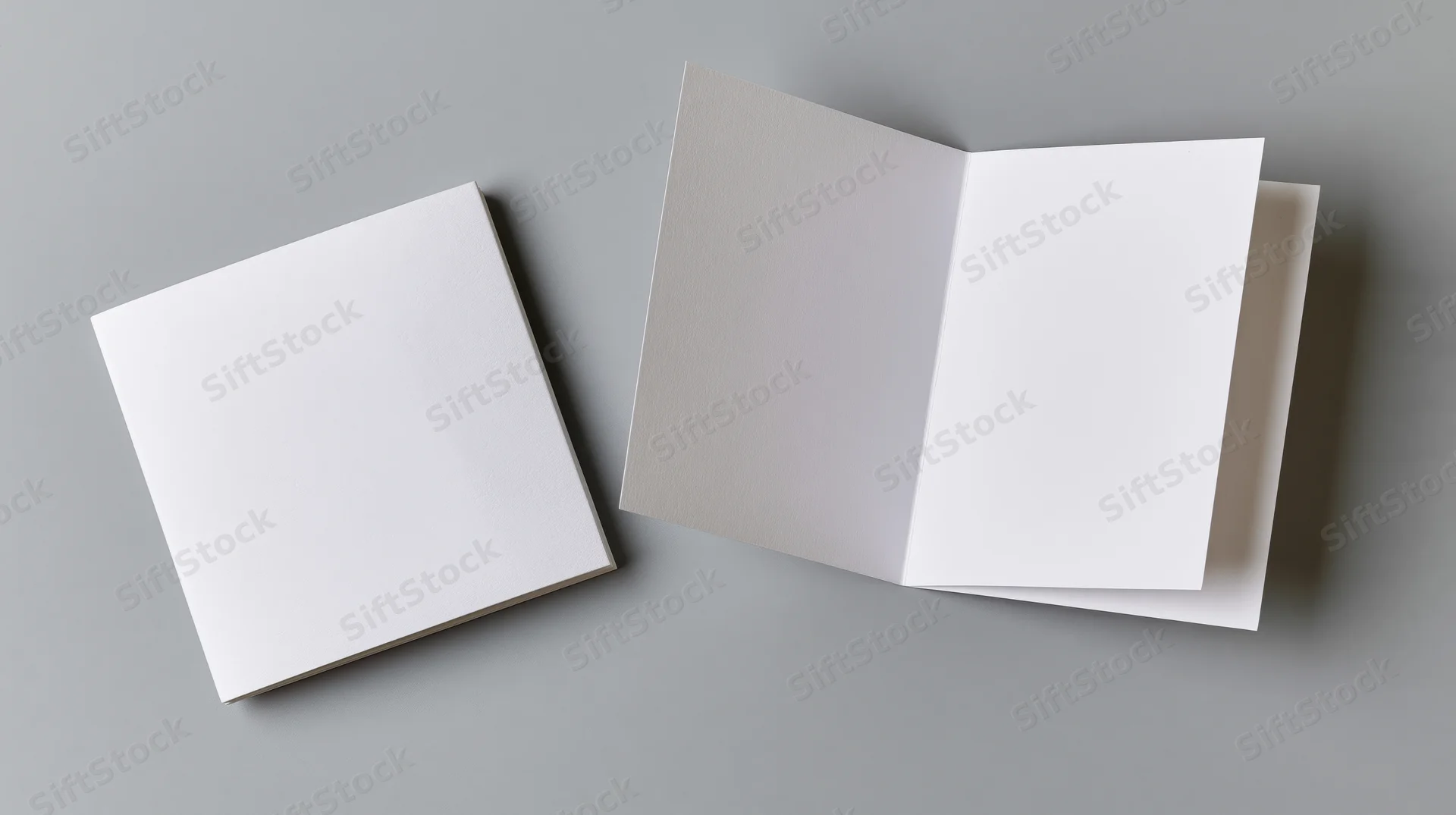 Two blank white square greeting cards, one folded and one open, on a neutral grey surface