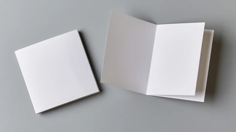 Two blank white square greeting cards, one folded and one open, on a neutral grey surface