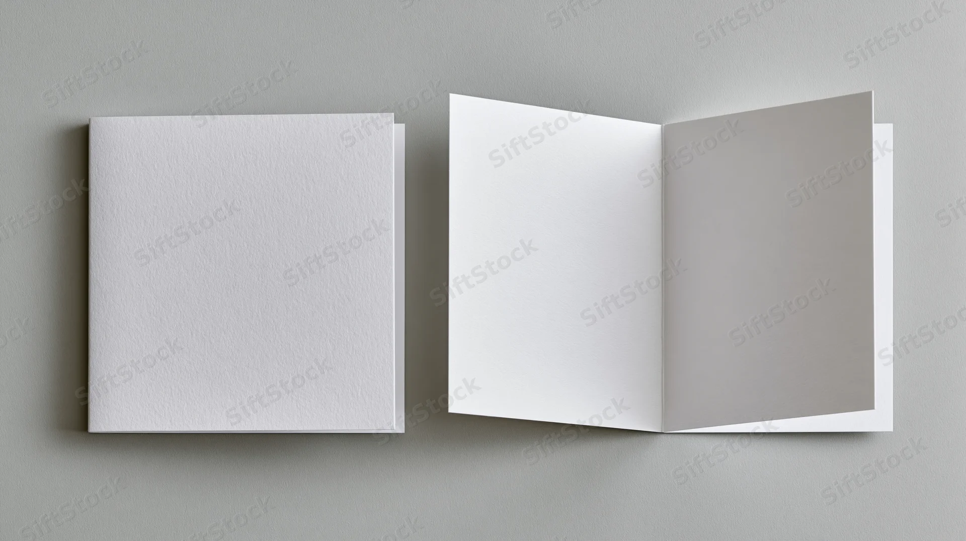 Two blank white square greeting cards, one closed and one open, on a neutral grey surface
