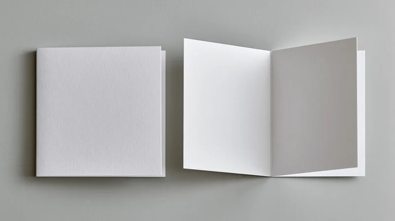 Two blank white square greeting cards, one closed and one open, on a neutral grey surface