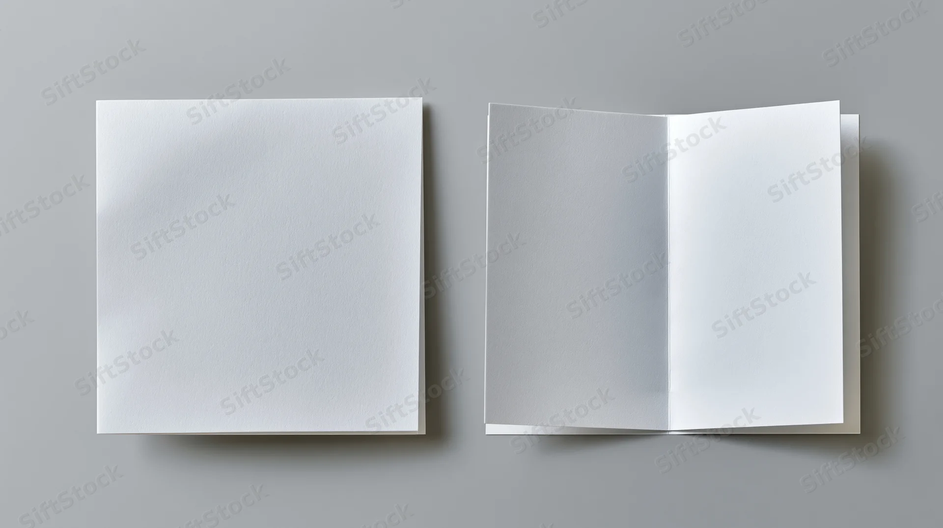 Two blank white square greeting cards on a neutral gray surface, one closed and one open, top view