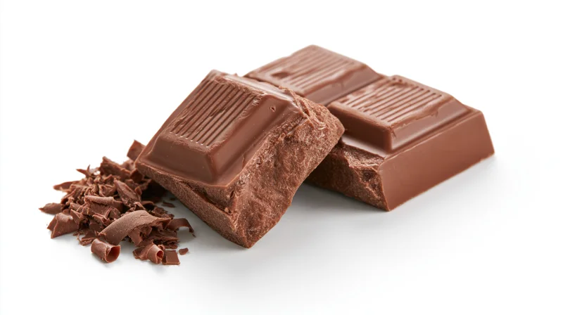 Broken milk chocolate squares with ridged tops and scattered shards on white background