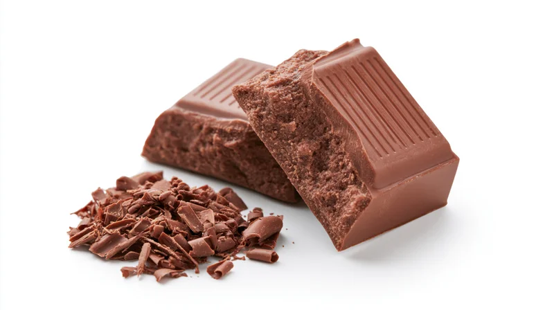 Broken milk chocolate squares with ridged molded tops and chocolate shavings on white background