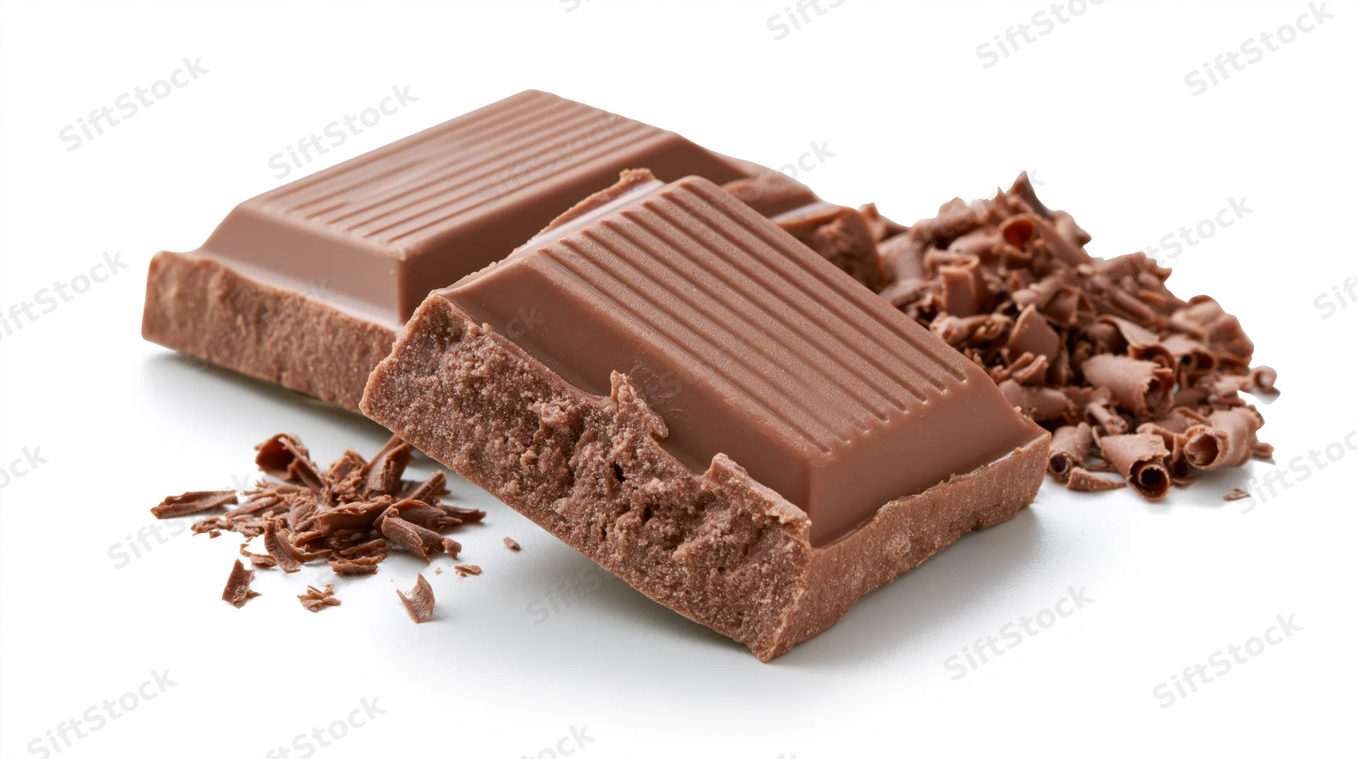 Broken milk chocolate bars with ridged tops and scattered chocolate curls on white background