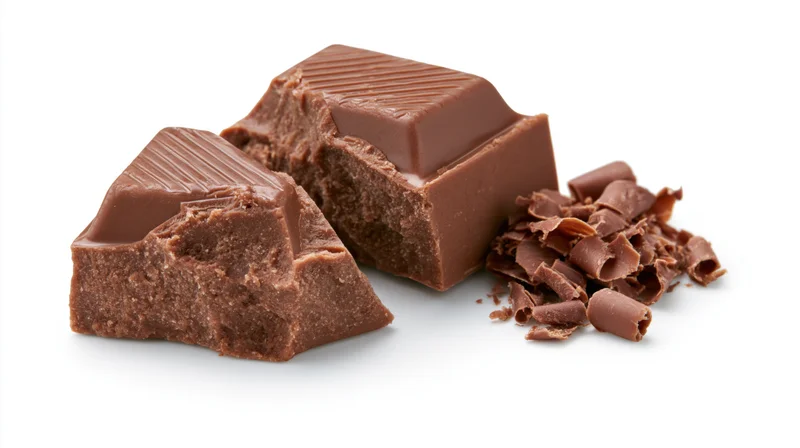 Broken milk chocolate squares with ridged tops and chocolate curls on white background