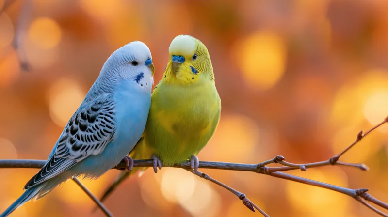 Two budgerigars perched close together on a thin autumn branch