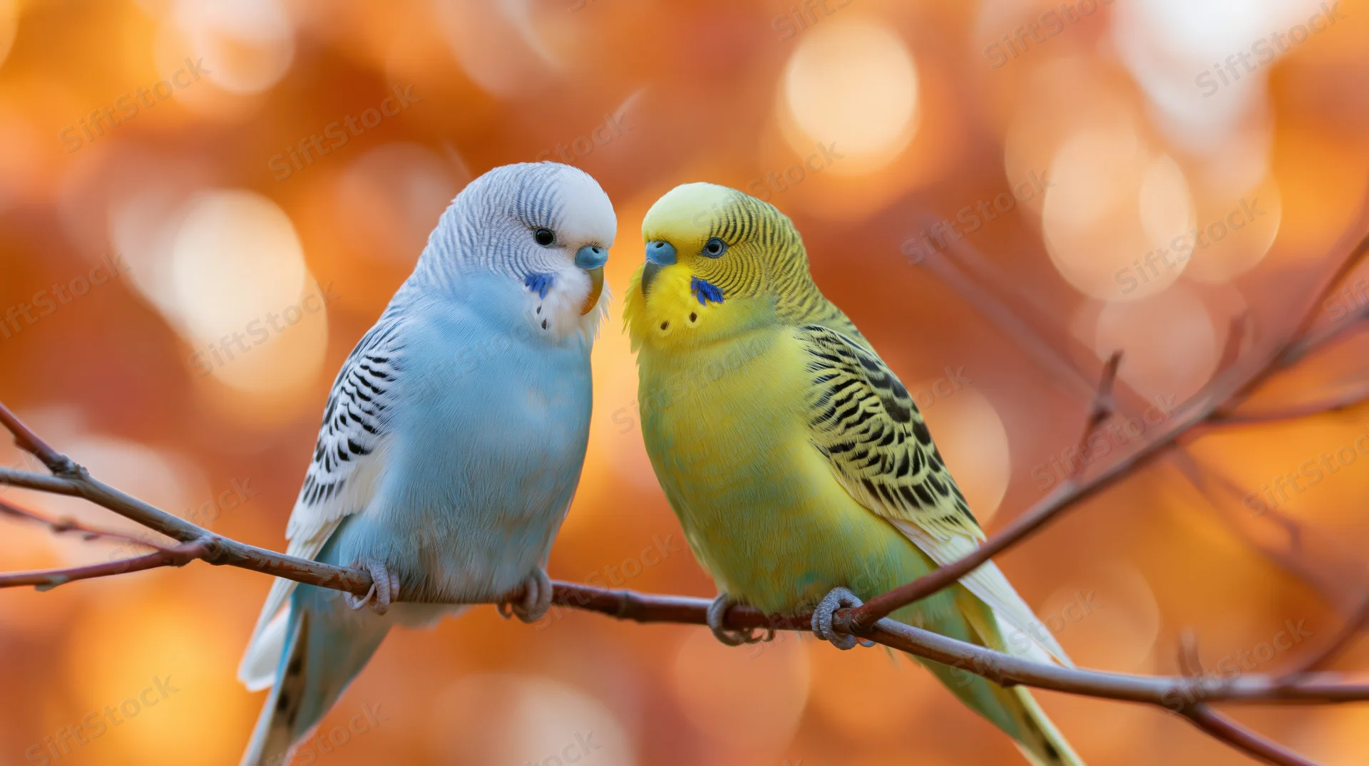 Two budgerigars perched close together on a thin autumn branch with warm bokeh background