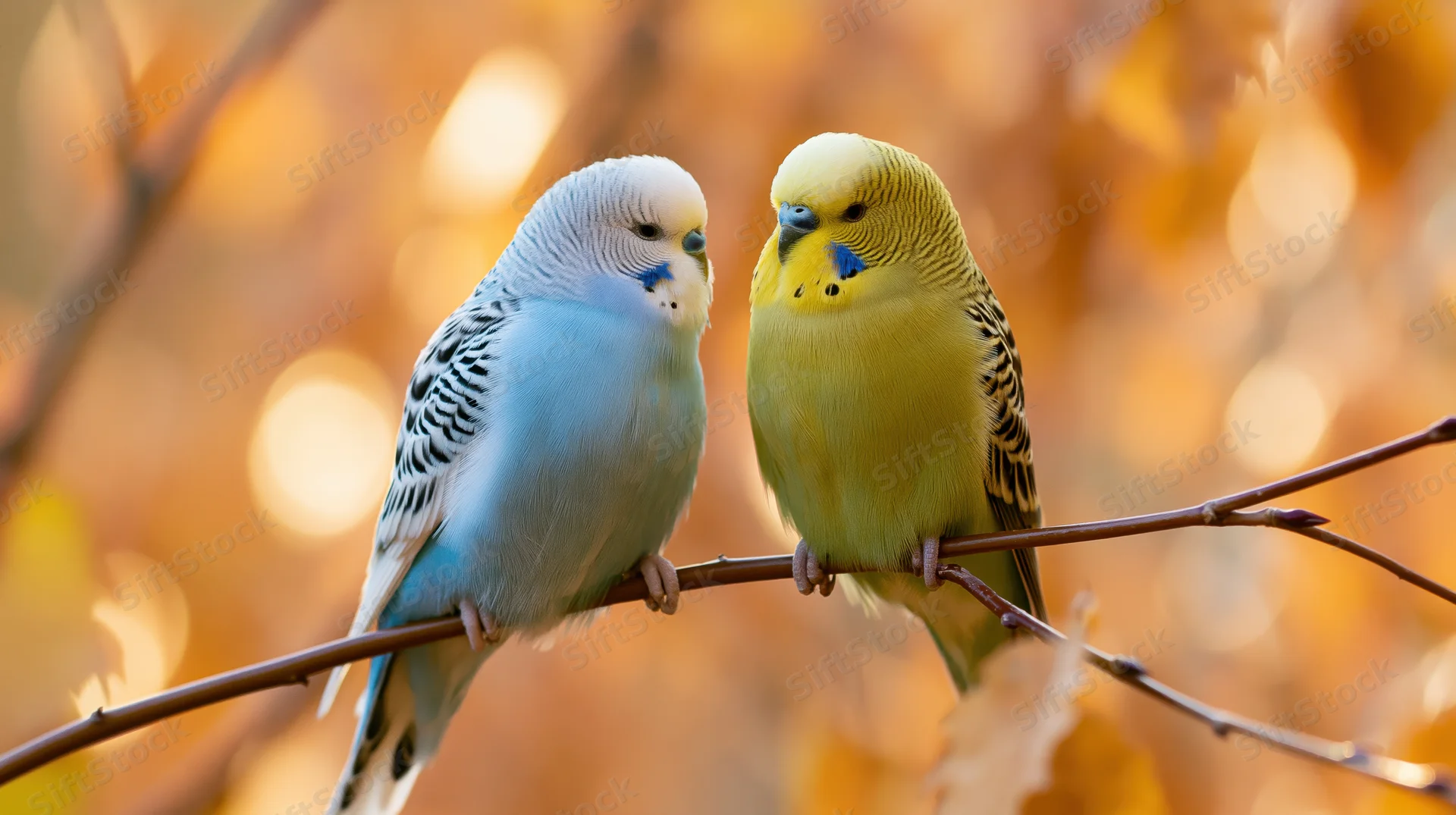 Two budgerigars perched close together on a thin autumn branch