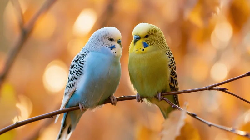 Two budgerigars perched close together on a thin autumn branch