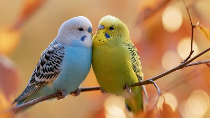 Two budgerigars perched close together on a thin autumn branch
