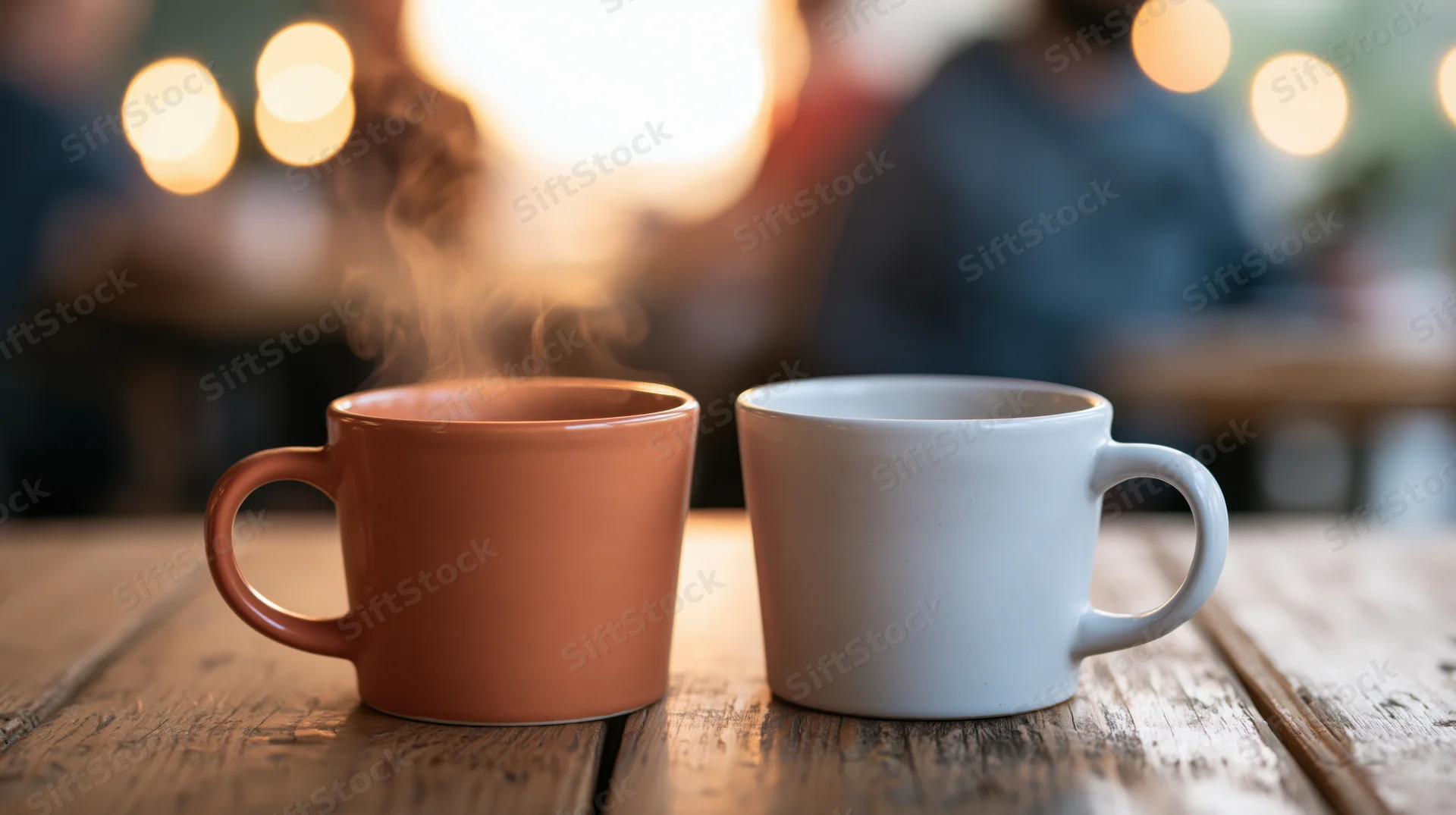 Two ceramic coffee mugs steaming side by side on a worn wooden cafe table