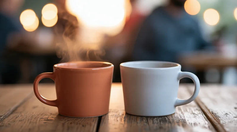 Two ceramic coffee mugs steaming side by side on a worn wooden cafe table