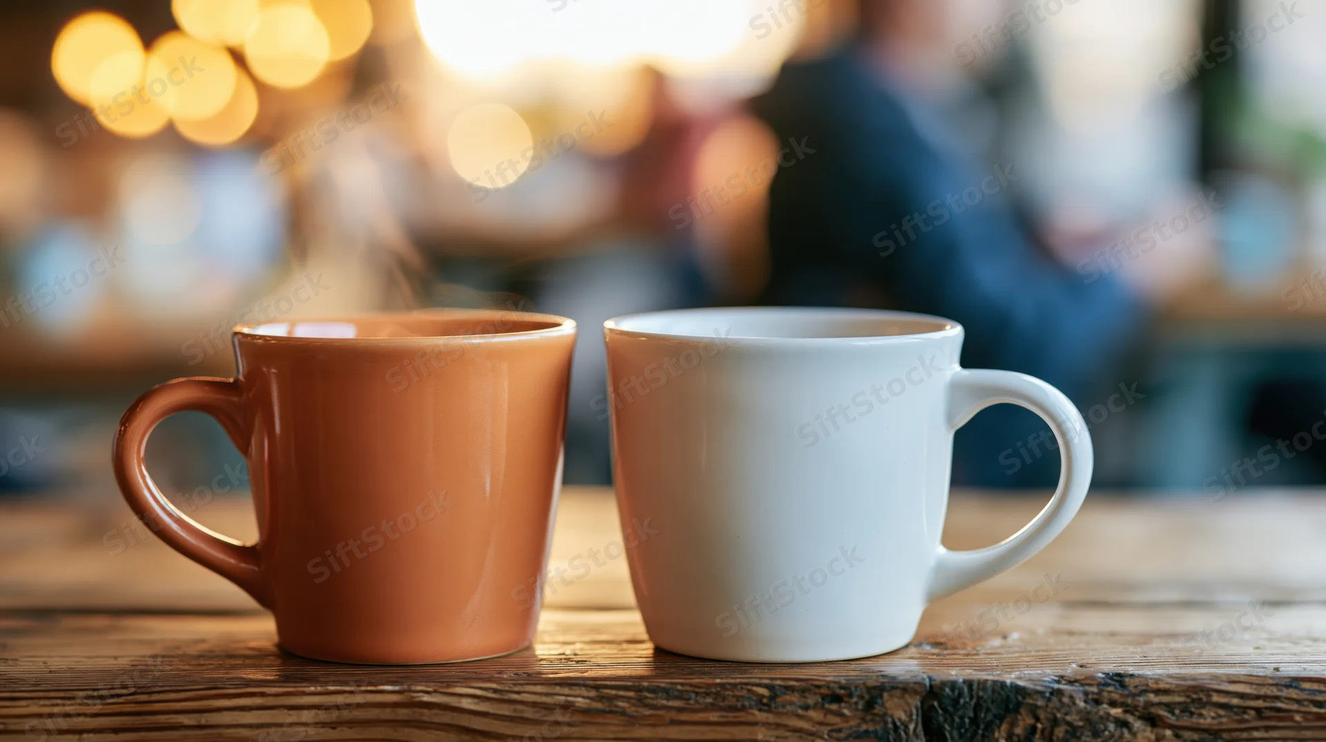 Two ceramic coffee mugs side by side on a worn wooden cafe table with steam rising and warm bokeh lights in the background